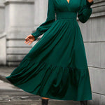 A-Line Flared Sleeves Elasticity Pleated Solid Color V-Neck Midi Dresses