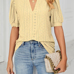 Casual v-neck solid color hollow puff sleeve loose t-shirt top women
