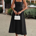A-Line High Waisted Backless Pleated Solid Color Zipper Halter-Neck Midi Dresses