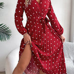 A-Line High Waisted Elasticity Pleated Polka-Dot Split-Joint Tied Waist V-Neck Midi Dresses Shirt Dress