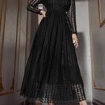 High Waisted Long Sleeves Buttoned Gauze See-Through Solid Color V-Neck Maxi Dresses