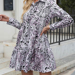 A-Line Long Sleeves Buttoned Pleated Snakeskin Printed Split-Joint Lapel Mini Dresses Shirt Dress