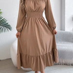 A-Line Elasticated Waist Pleated Solid Color Round-Neck Maxi Dresses