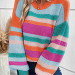 Multicolour Striped Knit Drop Shoulder Lantern Sleeve Sweater