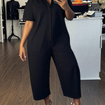 Loose Short Sleeves Buttoned Solid Color Lapel Jumpsuits