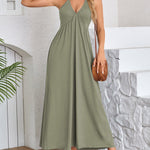 A-Line Loose Pleated Solid Color Split-Joint Deep V-Neck Maxi Dresses