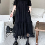 Fake Two-Piece Loose Gauze Pleated Solid Color Split-Joint Tiered Round-Neck Midi Dresses