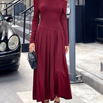 High Waisted Long Sleeves Pleated Solid Color Split-Front One-Shoulder Maxi Dresses
