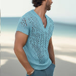 Men's Summer Fashion V-neck Knitted Mesh Breathable T-shirt