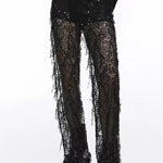 Yulissa Layered Sequin Tassels Mid Rise Stretch Waist Wide Leg Pants