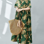 Half Sleeves Loose Flower Print Pleated Pockets Round-neck Midi Dresses