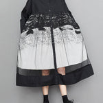 A-Line Long Sleeves Buttoned Gauze Printed Split-Joint Lapel Midi Dresses