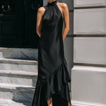 Elegant Halter Neck Asymmetric Ruffle Hem Maxi Dress