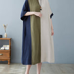 Half Sleeves Loose Contrast Color Round-Neck Midi Dresses