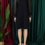 Puff Sleeves Beads Mesh Solid Color Split-Joint Round-neck Midi Dresses