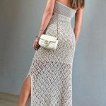 Sunset Beach Stroll Knit Texture Cutout Detail Halter Stretch Maxi Dress
