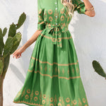 A-Line Half Sleeves Buttoned Tied Waist Lapel Midi Dresses