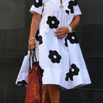 A-Line Loose Flower Print Pleated Split-Joint Round-Neck Midi Dresses