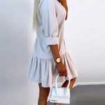 Long Sleeves Loose Buttoned Pleated Solid Color Split-Joint Lapel Mini Dresses Shirt Dress