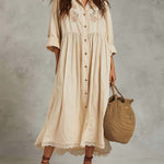 Embroidered Cotton-Linen Button Midi Dress