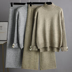 Urban Long Sleeves Solid Color Half Turtleneck Sweater Tops & Wide Leg Pants Two Pieces Set