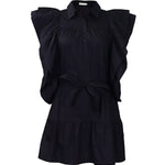A-Line High Waisted Buttoned Pleated Ruffled Solid Color Tied Waist Lapel Mini Dresses