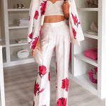Special Attendance Satin Floral Print High Rise Elastic Waist Pocket Pants