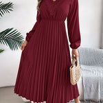 Elasticated Waist High Waisted Pleated Solid Color V-Neck Midi Dresses