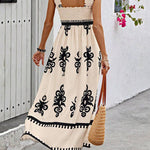 A-Line Loose Elasticity Pleated Printed Split-Joint Square-Neck Maxi Dresses