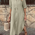 Casual solid color lapel long sleeve shirt dress