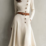 Cream Knit Midi Dress With Asymmetrical Button Detail