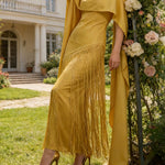 Cape High Waisted Solid Color Split-Joint Tasseled Scarf Collar Midi Dresses