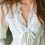 Boho Ruffled V-Neck White Pleated Lace Tie-Front Blouse