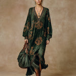 Retro Silhouette Printed Green Faux Suede Tassel Maxi Dress