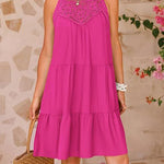 A-Line Loose Hollow Pleated Solid Color Split-Joint Round-Neck Mini Dresses