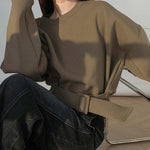 Long Sleeves Loose Belt Buckle Solid Color Round-Neck Sweatshirt Tops