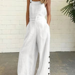 High Waisted Loose Buttoned Pockets Solid Color Spaghetti-Neck Overalls