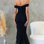 Beauty Untamed Mesh Overlay Off Shoulder Ruched Stretch Maxi Dress