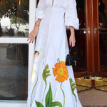A-Line High Waisted Buttoned Flower Print Lapel Maxi Dresses Shirt Dress