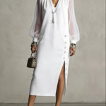 Long Sleeves Puff Sleeves Buttoned Pleated Pockets Solid Color Split-Side V-Neck Midi Dresses