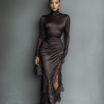 Women's Dark Brown Satin Irregular Hem Lace Slim Maxi Dress