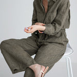 Urban Linen Drawstring Elastic Waisted Wide Leg Long Sleeves Jumpsuits