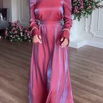 A-Line Long Sleeves Pleated Solid Color Tied Waist Zipper Round-Neck Maxi Dresses
