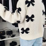 Vernie Knit Jewelry Pendant Bow Pattern Front Tie-up Long Sleeve Loose Cardigan