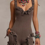 Boho-Vintage Elegant Textured Knit Ruffle Jumpsuit