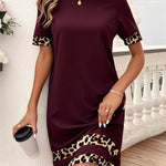 Bodycon Loose Contrast Color Leopard Split-Joint Round-Neck Mini Dresses