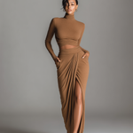 Women's Fashion Camel Stretch Knit Turtleneck Long-Sleeve Set With Skirt