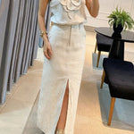 Charming Lady Linen Blend Floral Embellishment Tank and High Rise Pocketed Slit Skirt Set