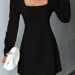 A-Line High Waisted Solid Color Split-Joint Square-Neck Mini Dresses