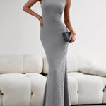 Bodycon Sleeveless Pleated Solid Color Split-Joint Split-Side Round-Neck Maxi Dresses